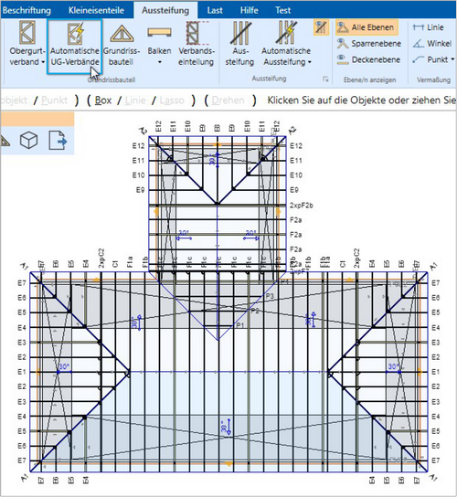 Grundrissansicht: Wählen Sie in der Registerkarte Aussteifung das Werkzeug Automatische UG-Verbände, um UG-Verbände hinzuzufügen.